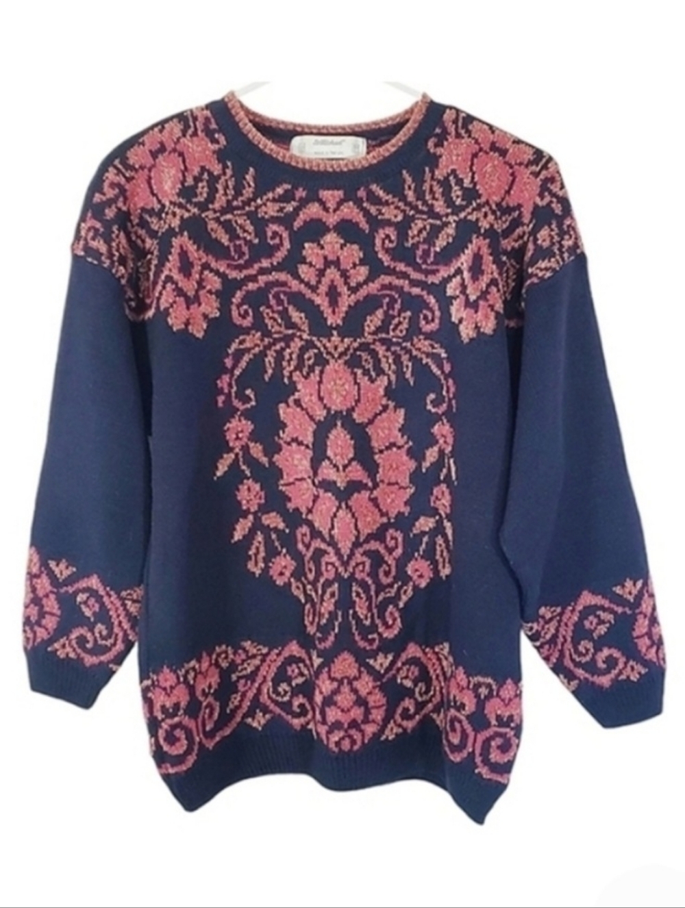 7227 * St. Michael Vintage Damask Print Sweater Navy Pink Size 16/44 Made in UK